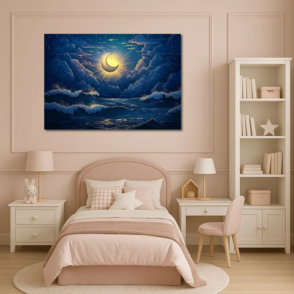 Crescent Moon Glowing Over Stormy Ocean – Wall Art