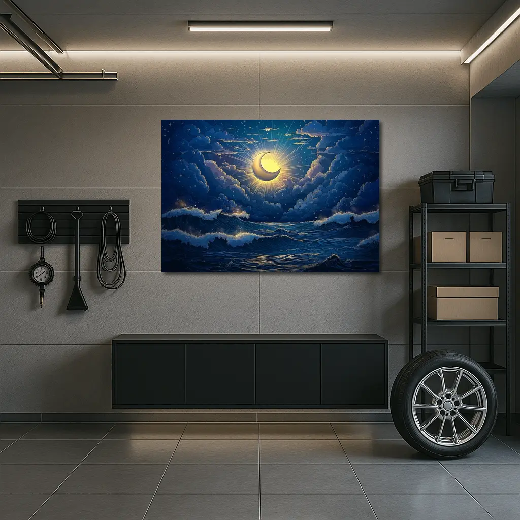 Crescent Moon Glowing Over Stormy Ocean – Wall Art