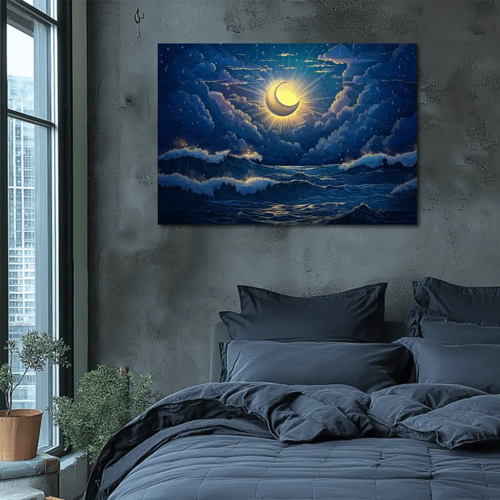 Crescent Moon Glowing Over Stormy Ocean – Wall Art