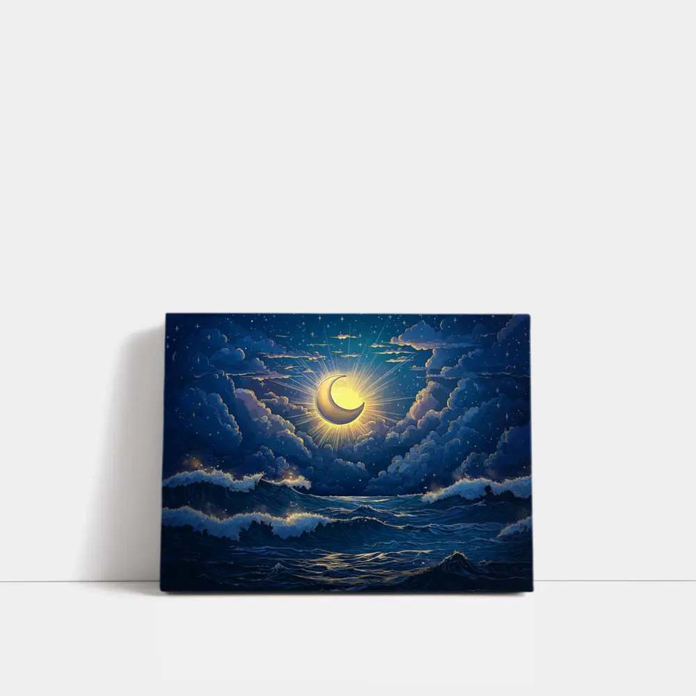 Crescent Moon Glowing Over Stormy Ocean – Wall Art