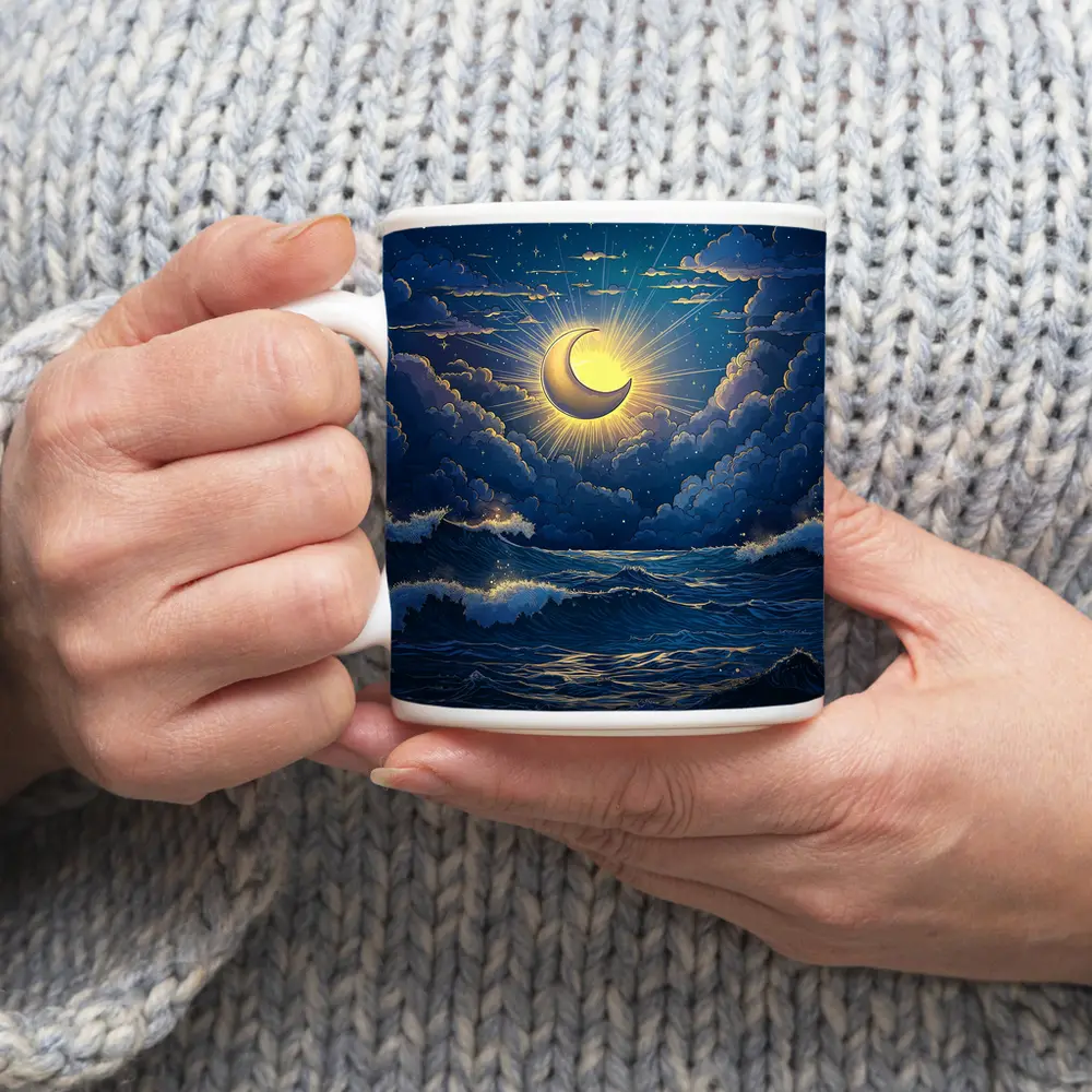 Crescent Moon Glowing Over Stormy Ocean – Mugs