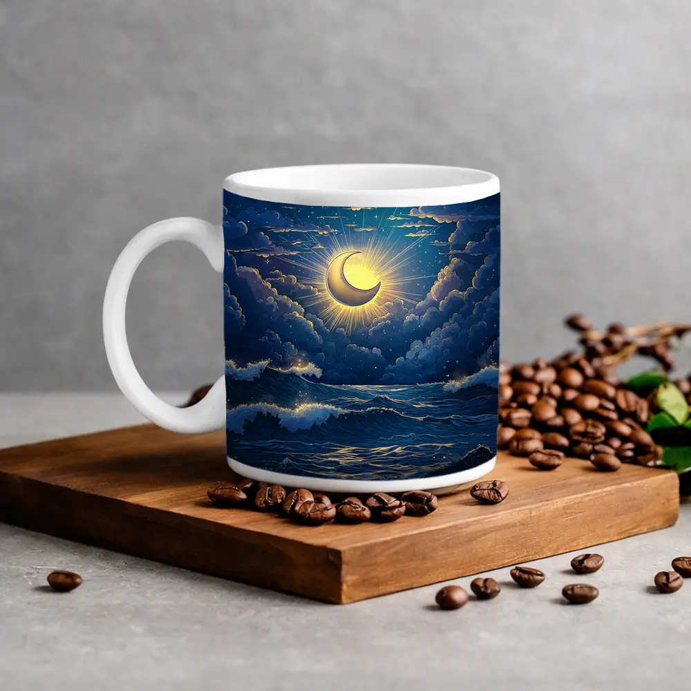 Crescent Moon Glowing Over Stormy Ocean – Mugs
