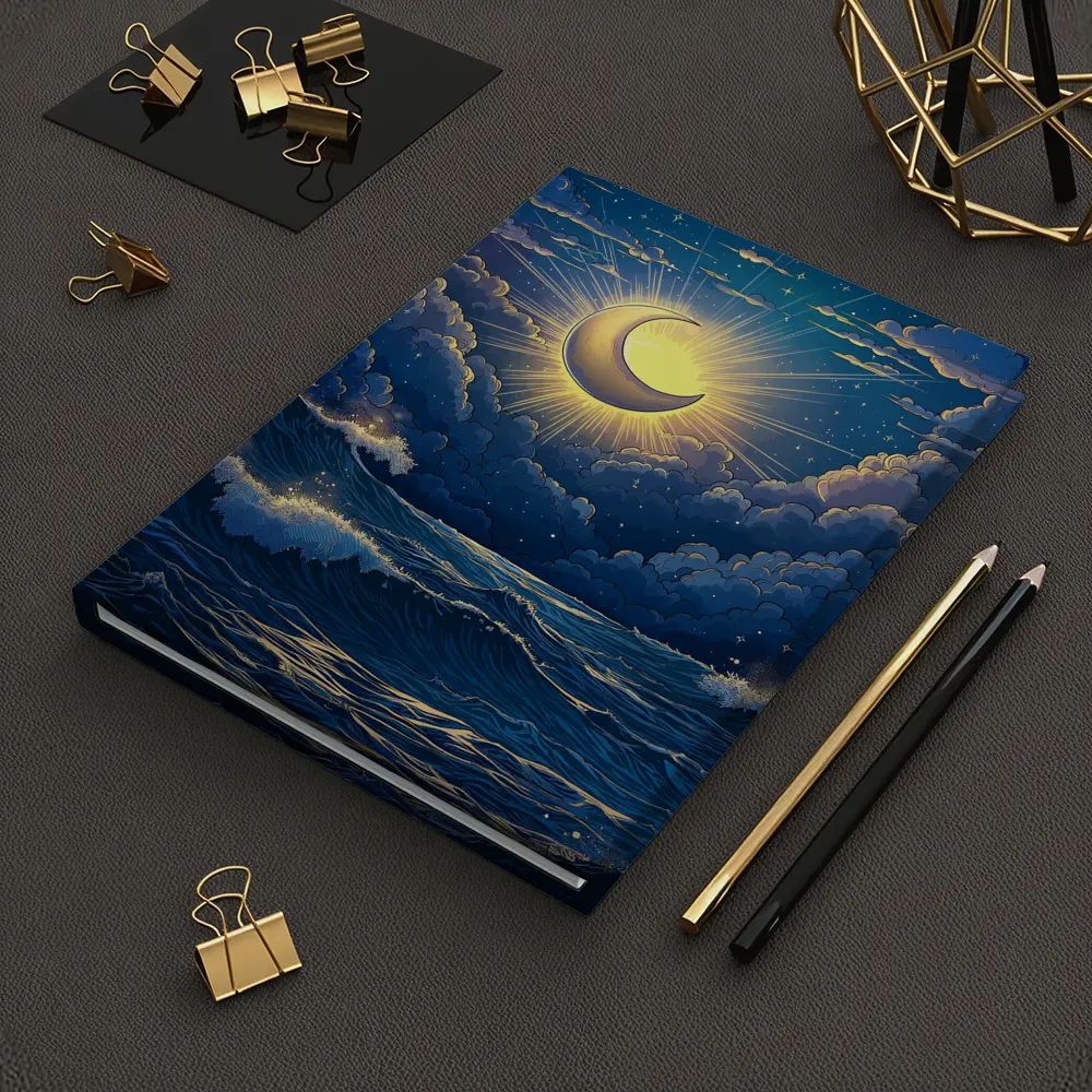 Crescent Moon Glowing Over Stormy Ocean – Notebooks