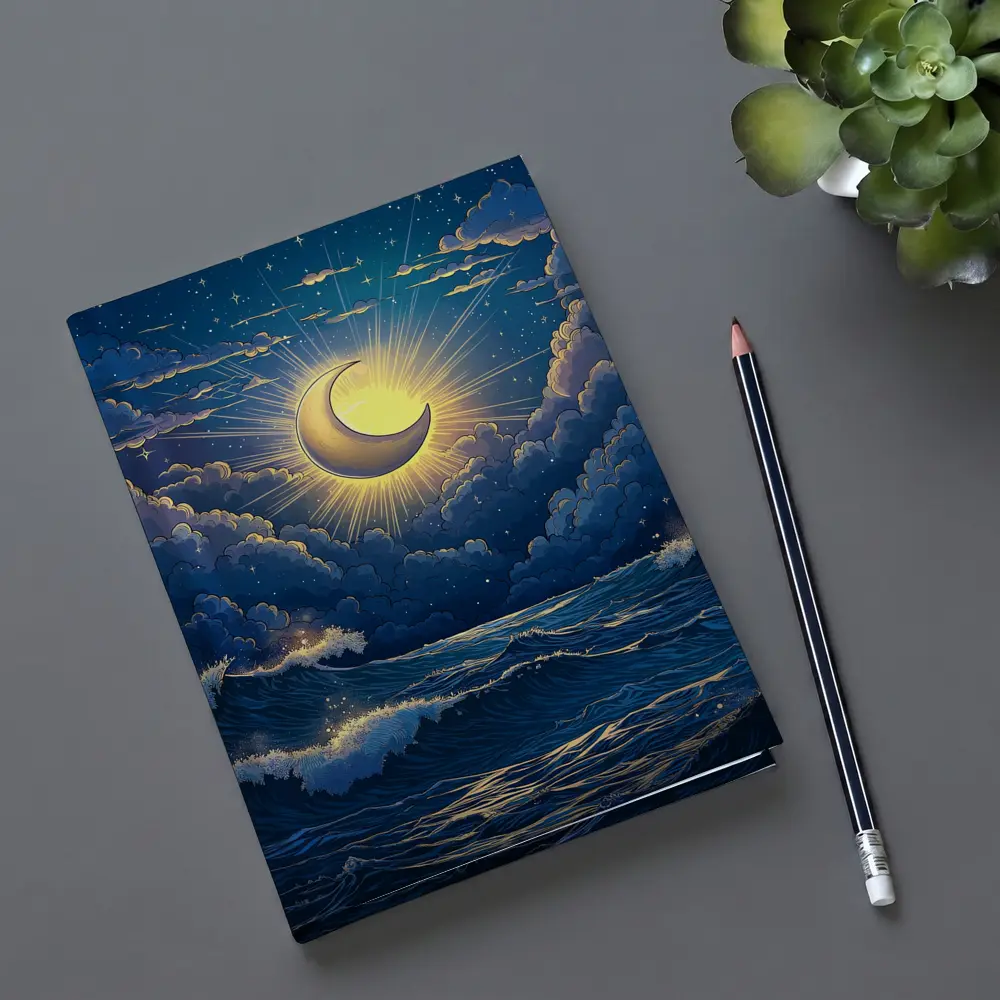 Crescent Moon Glowing Over Stormy Ocean – Notebooks