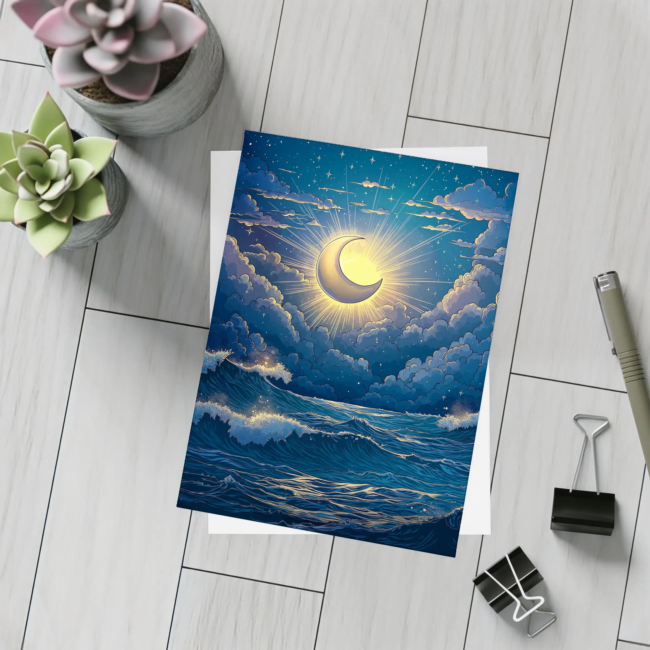 Crescent Moon Glowing Over Stormy Ocean – Postcards