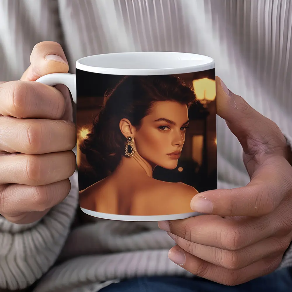 Elegant Woman Portrait Warm City Night – Mugs