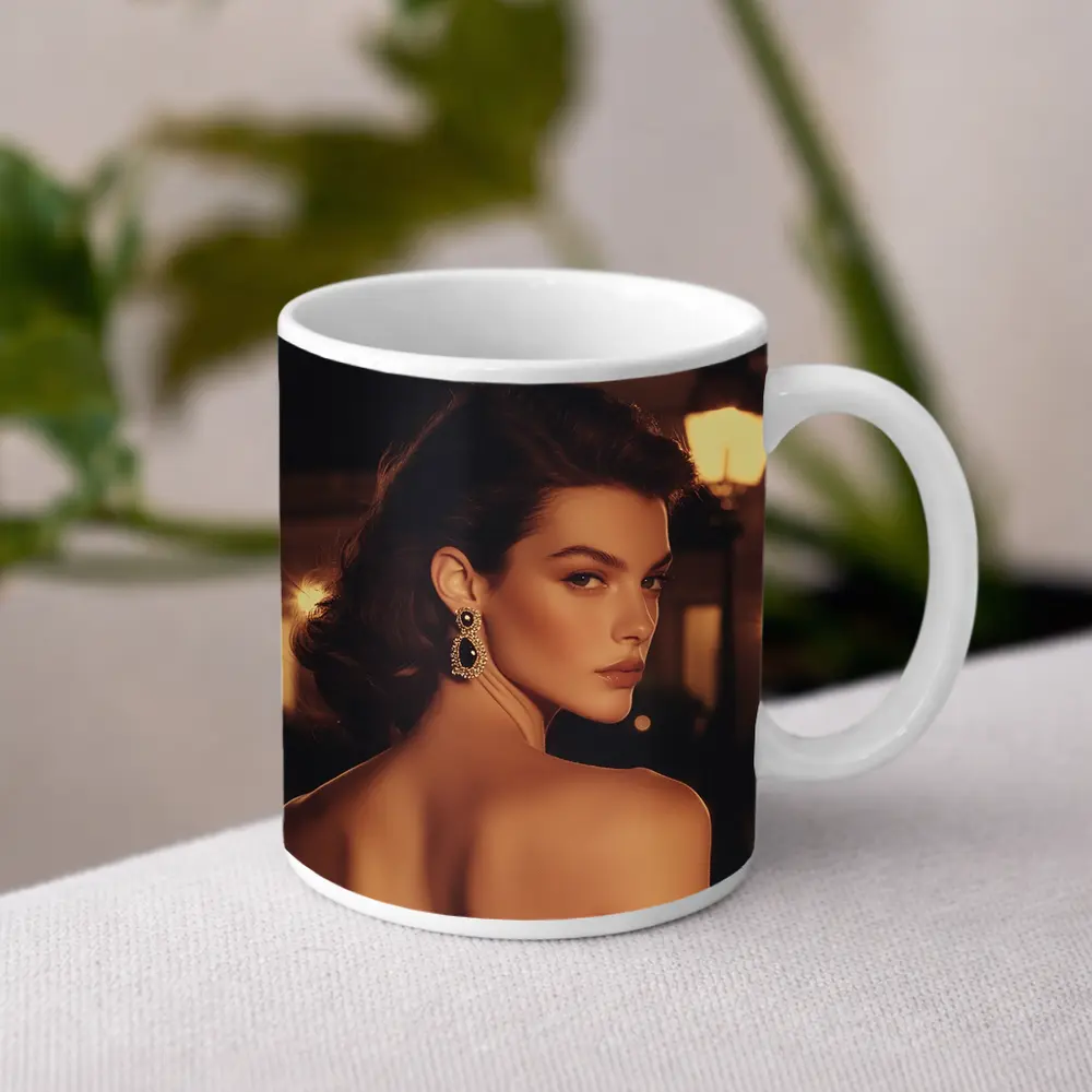 Elegant Woman Portrait Warm City Night – Mugs
