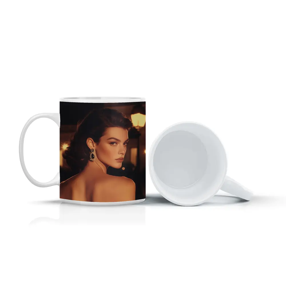 Elegant Woman Portrait Warm City Night – Mugs