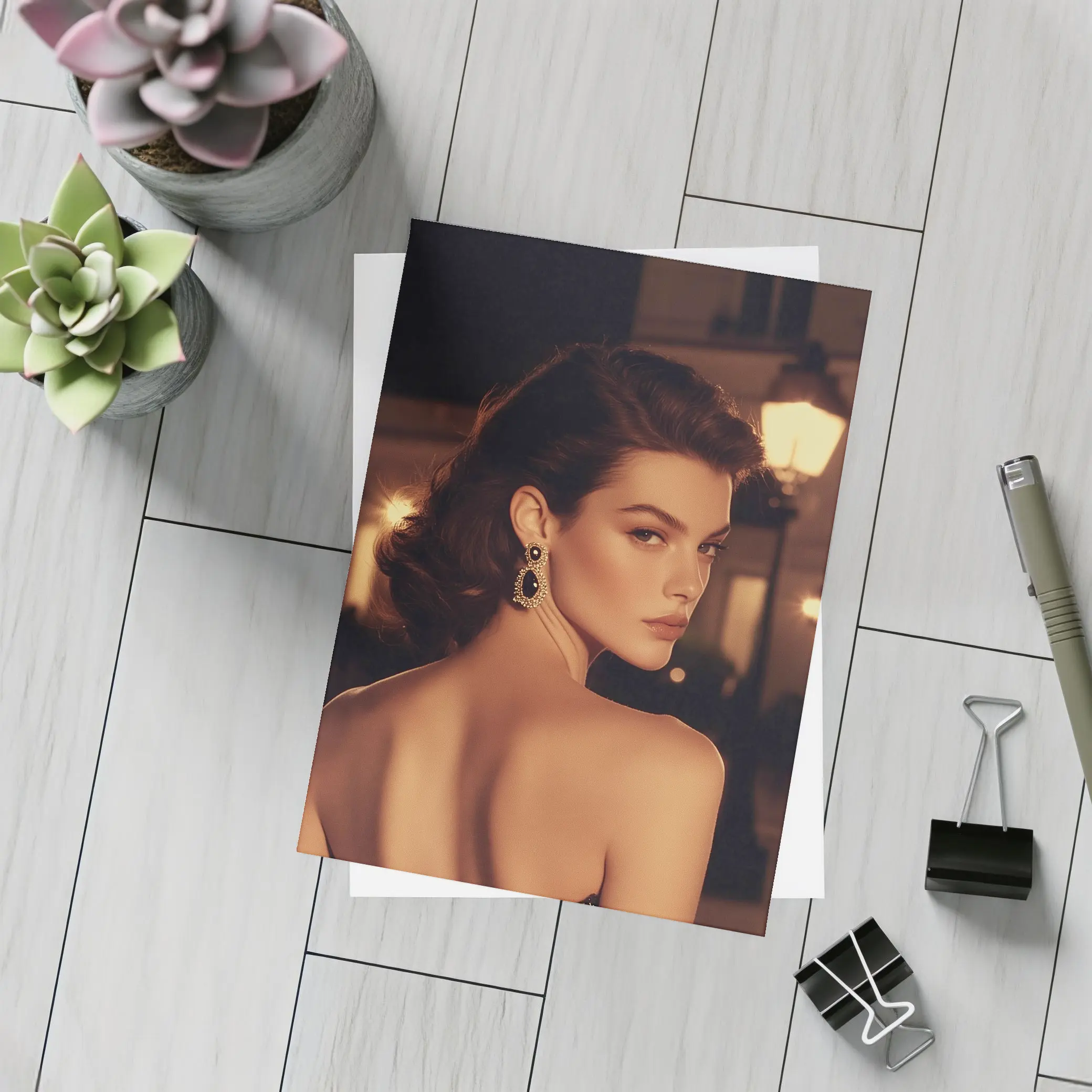 Elegant Woman Portrait Warm City Night – Postcards