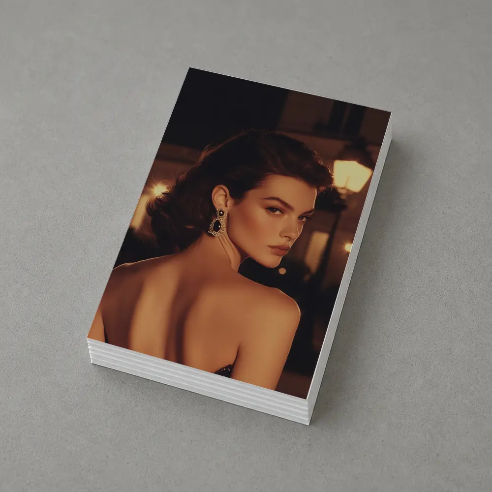 Elegant Woman Portrait Warm City Night – Postcards