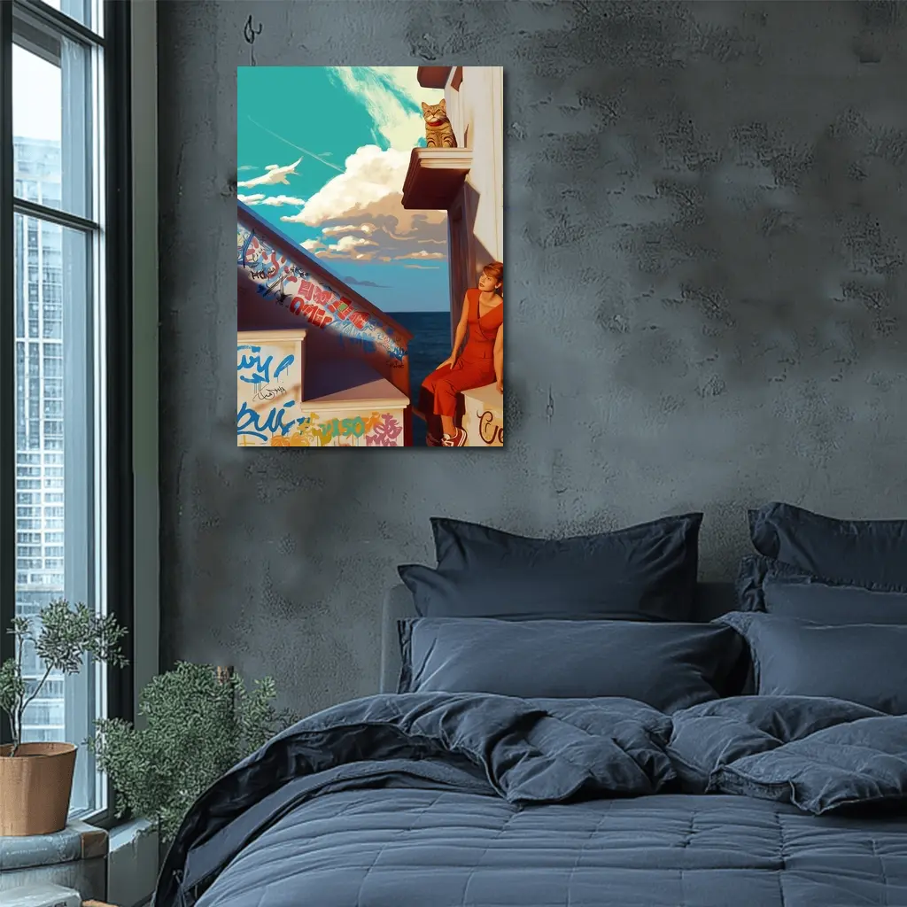 Woman Cat Graffiti Stairs Coastal Urban Art – Wall Art