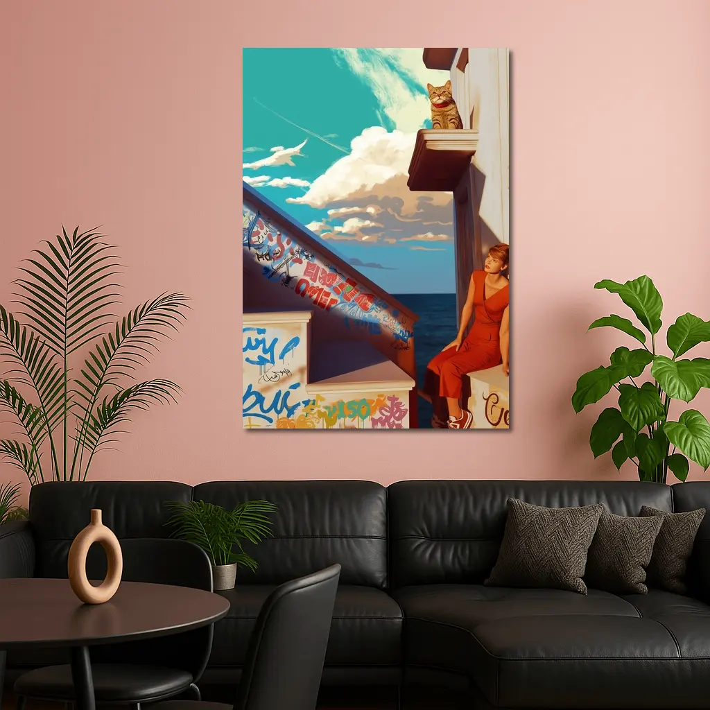 Woman Cat Graffiti Stairs Coastal Urban Art – Wall Art