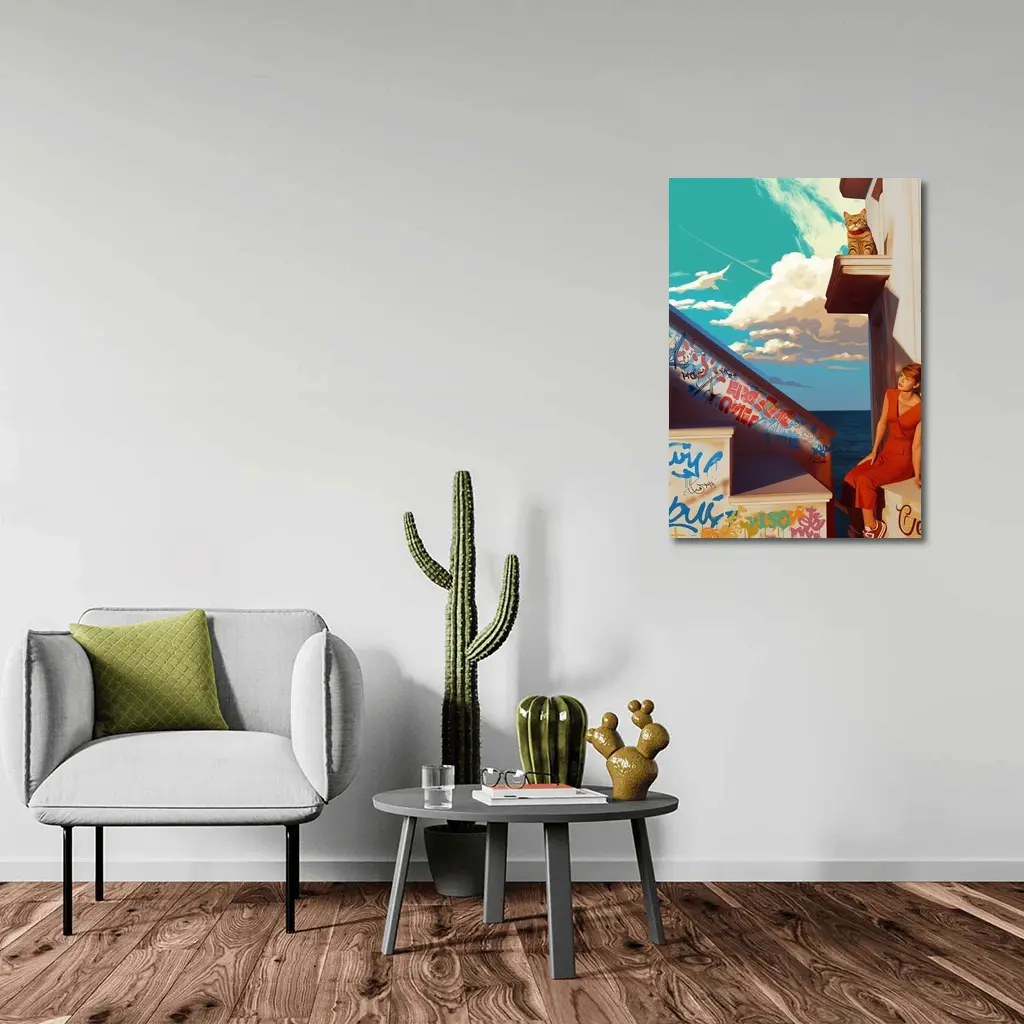Woman Cat Graffiti Stairs Coastal Urban Art – Wall Art