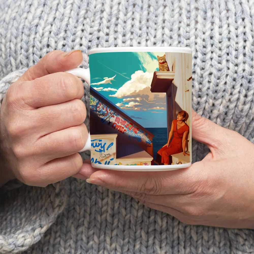 Woman Cat Graffiti Stairs Coastal Urban Art – Mugs