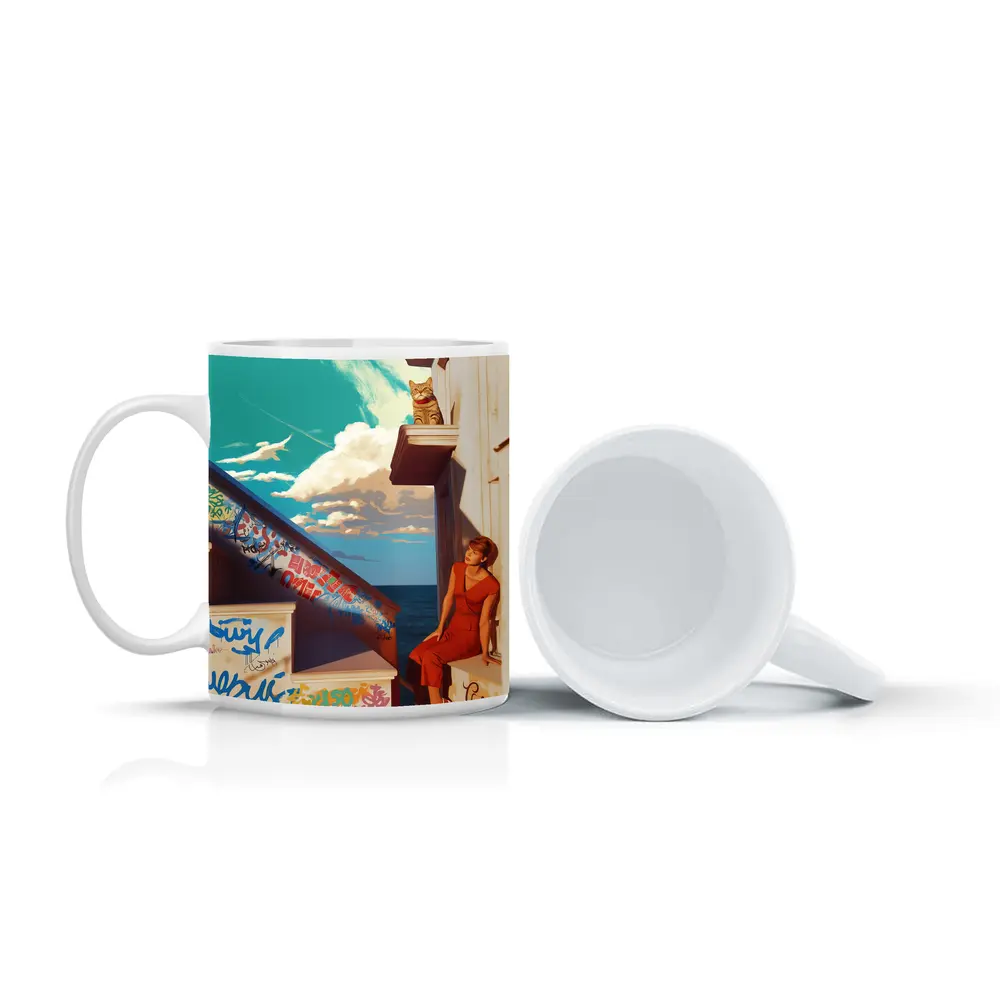 Woman Cat Graffiti Stairs Coastal Urban Art – Mugs