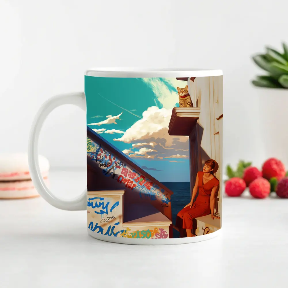 Woman Cat Graffiti Stairs Coastal Urban Art – Mugs