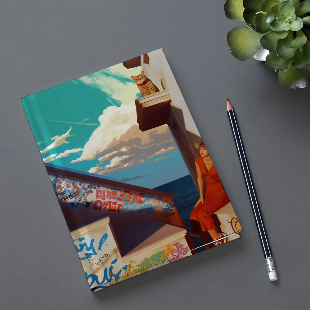 Woman Cat Graffiti Stairs Coastal Urban Art – Notebooks