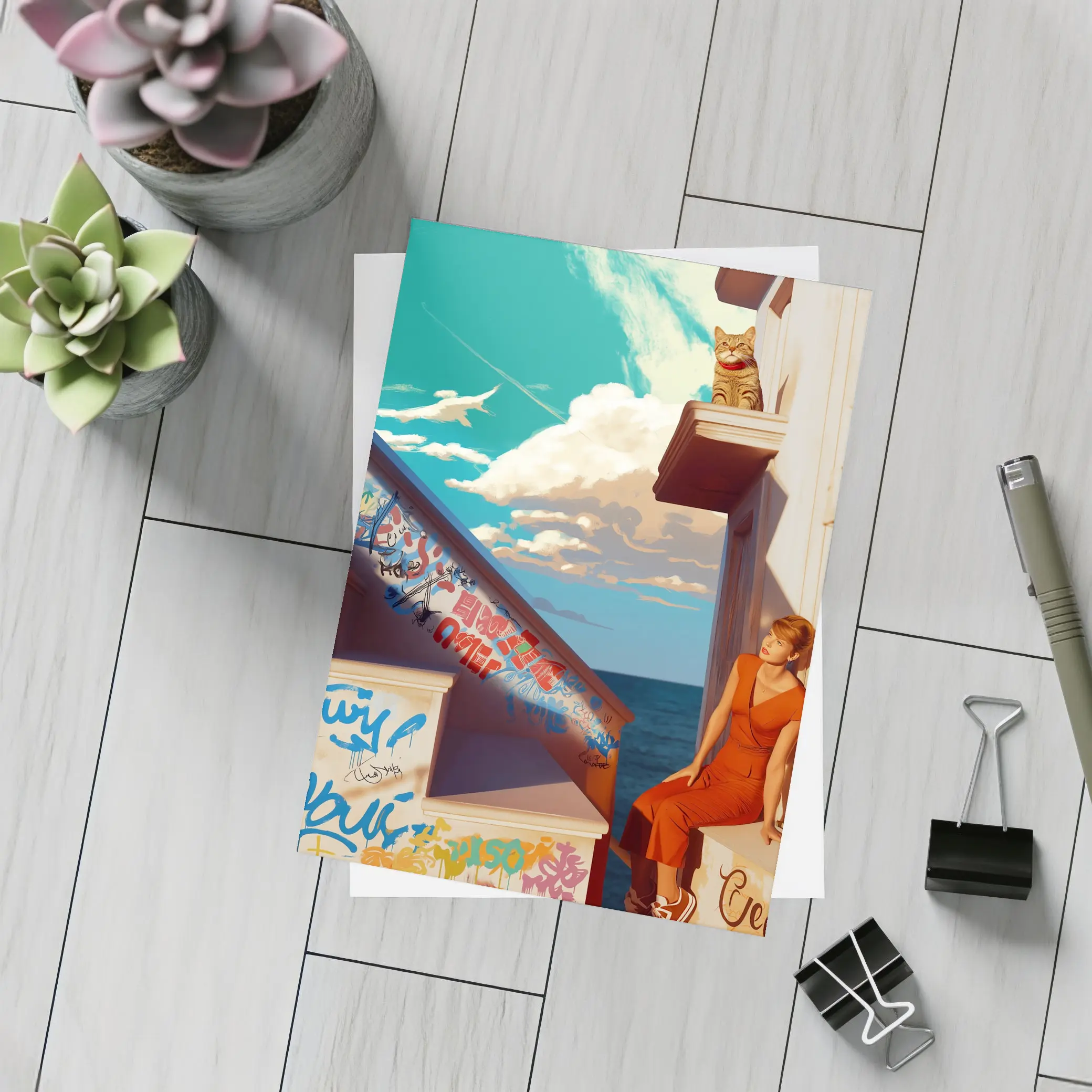 Woman Cat Graffiti Stairs Coastal Urban Art – Postcards