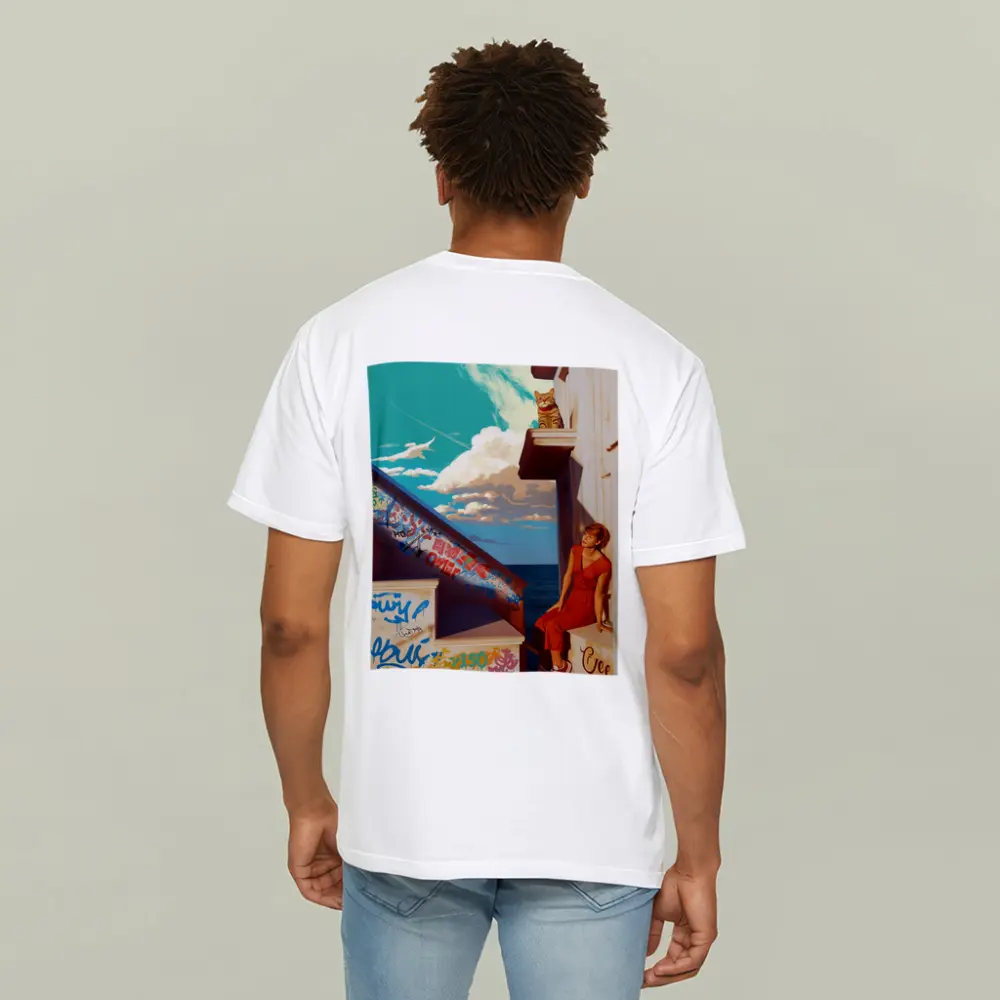 Woman Cat Graffiti Stairs Coastal Urban Art – T-Shirts