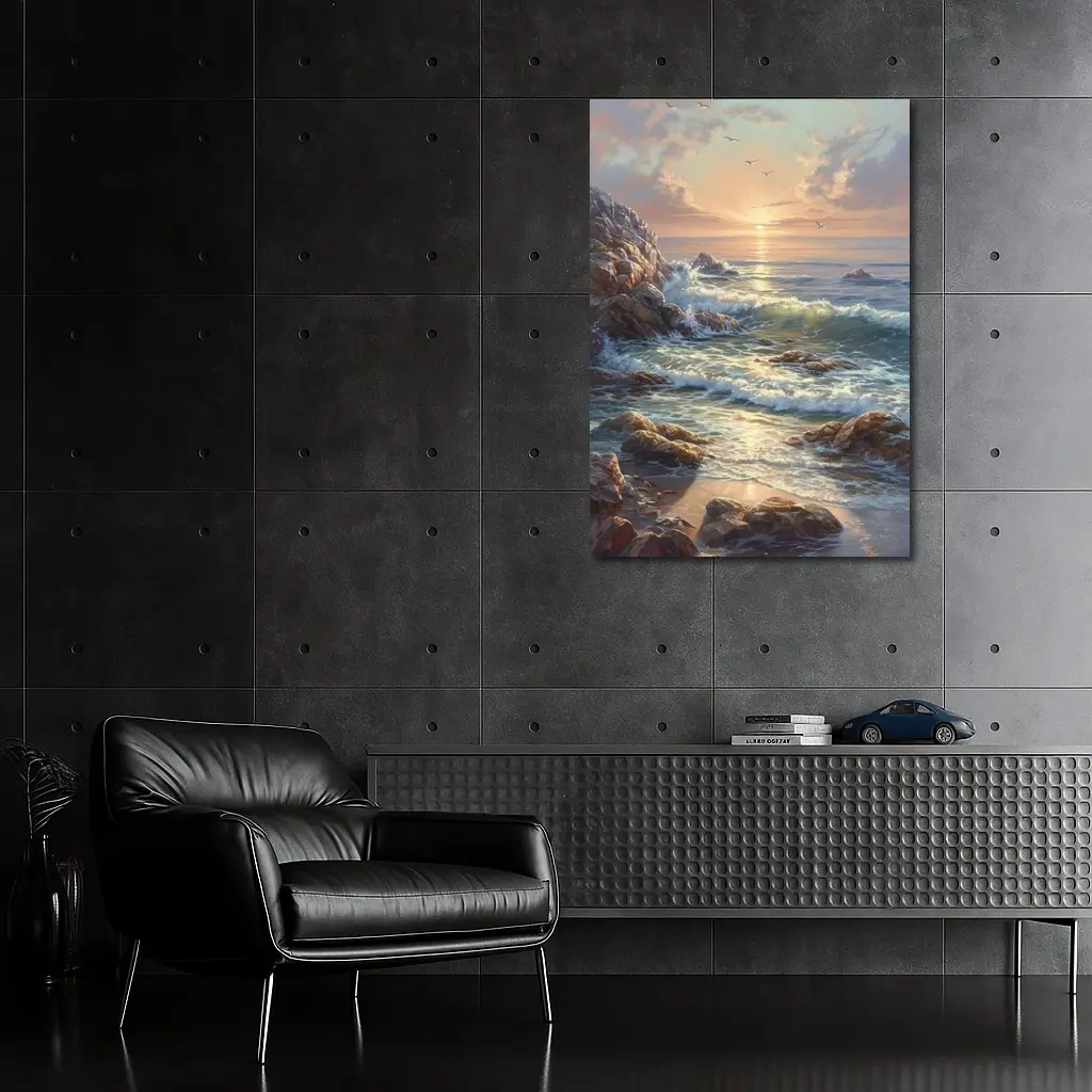 Ocean Sunrise Waves Rocky Coastal Painting – Wall Art