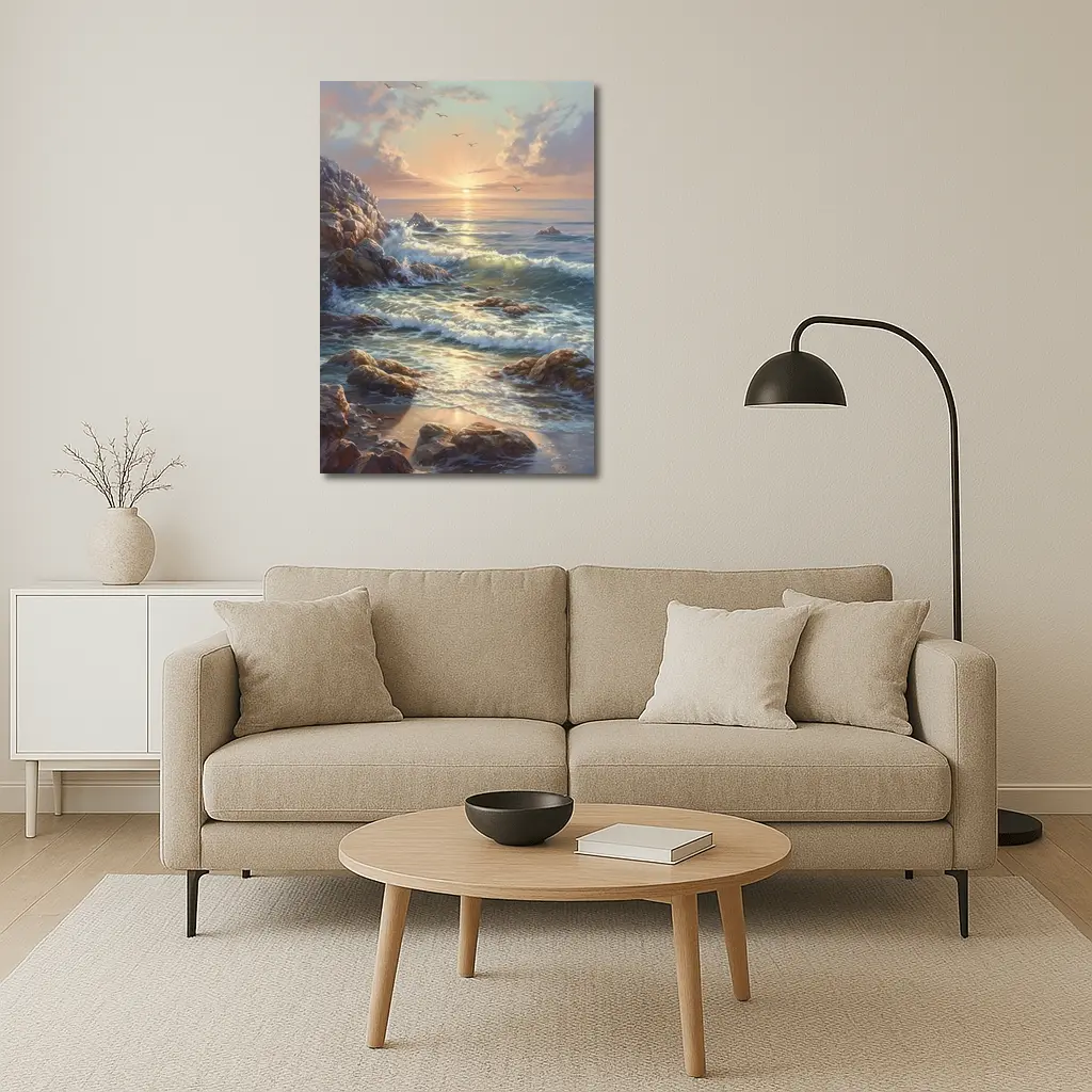 Ocean Sunrise Waves Rocky Coastal Painting – Wall Art