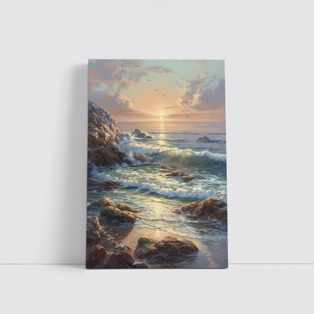 Ocean Sunrise Waves Rocky Coastal Painting – Wall Art