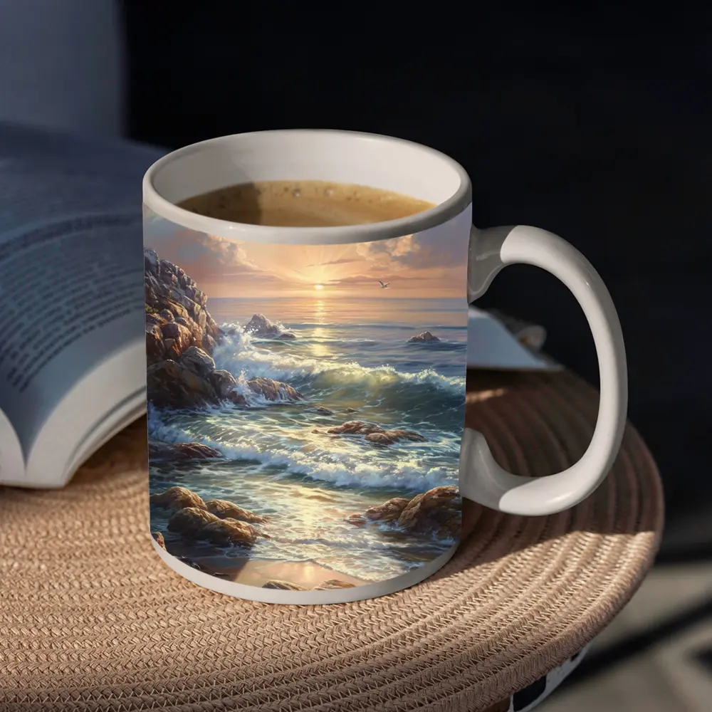 Ocean Sunrise Waves Rocky Coastal Painting – Mugs