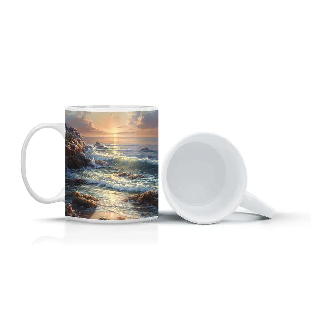 Ocean Sunrise Waves Rocky Coastal Painting – Mugs