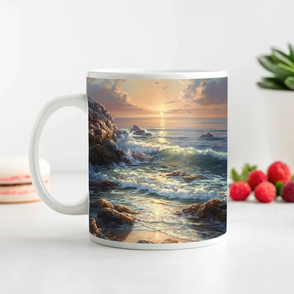 Ocean Sunrise Waves Rocky Coastal Painting – Mugs