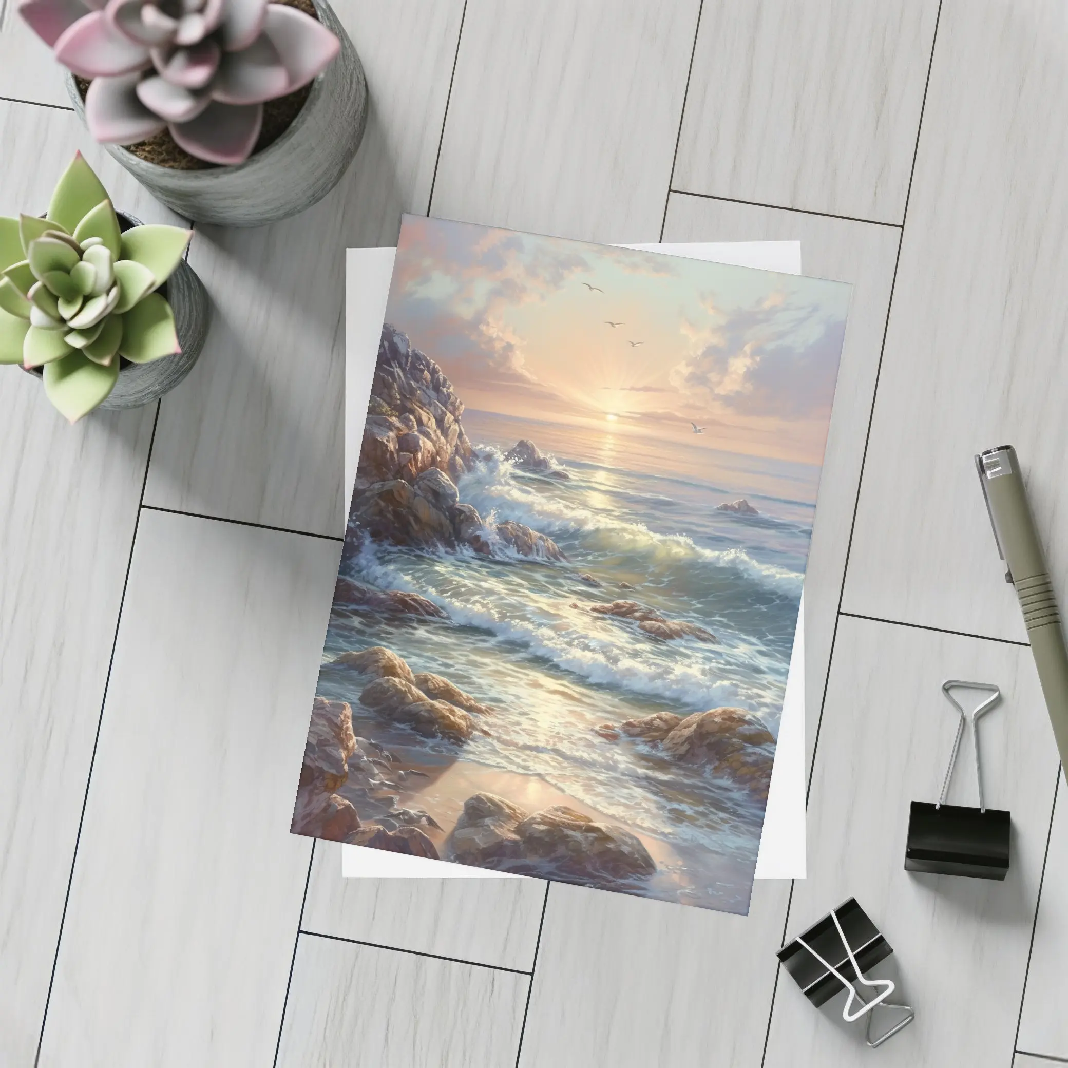 Ocean Sunrise Waves Rocky Coastal Painting – Postcards