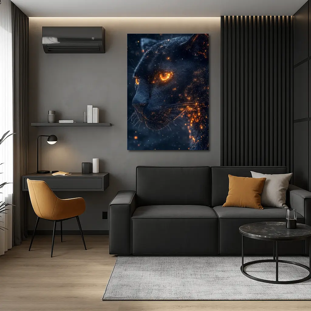 Black Panther Glowing Eyes Dark Starry Background – Wall Art