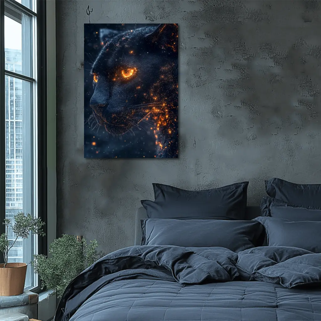 Black Panther Glowing Eyes Dark Starry Background – Wall Art