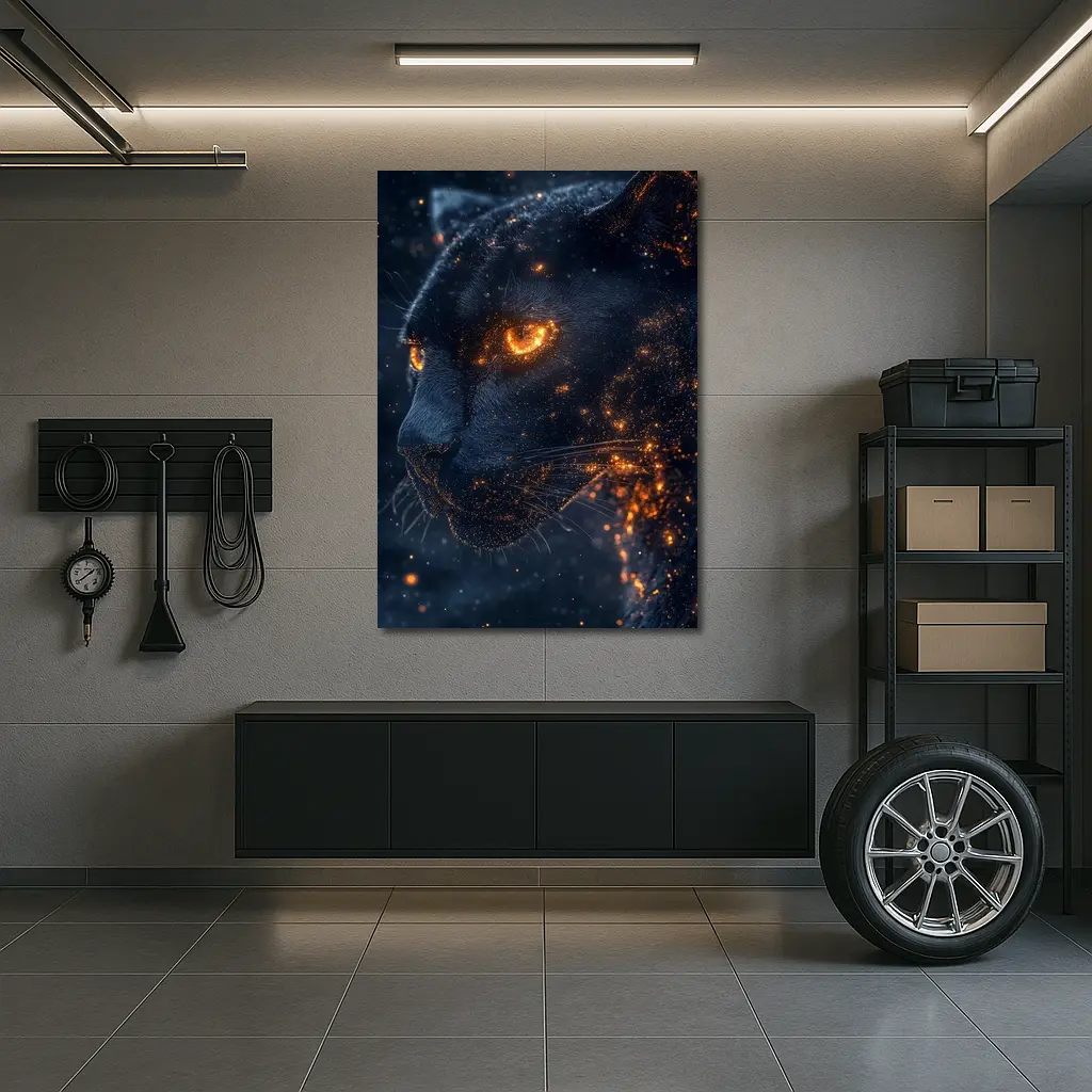 Black Panther Glowing Eyes Dark Starry Background – Wall Art
