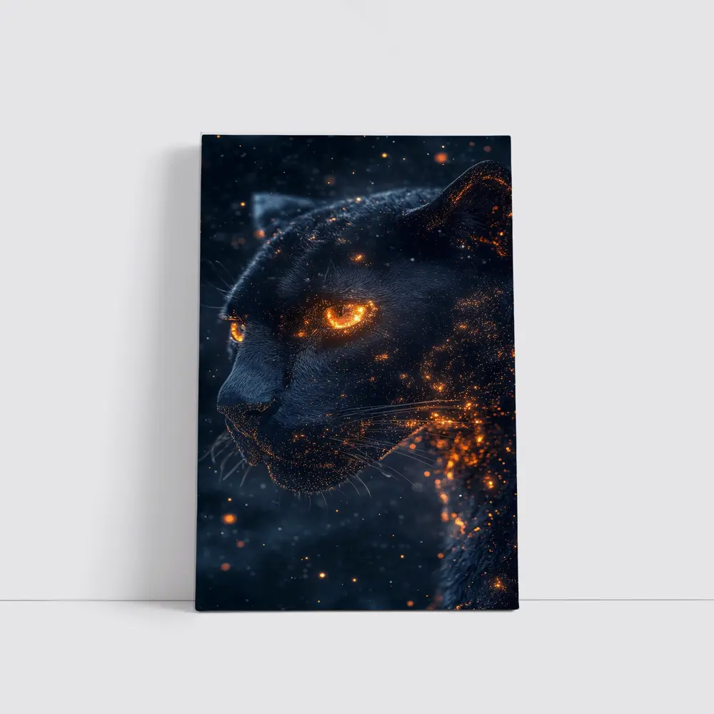 Black Panther Glowing Eyes Dark Starry Background – Wall Art