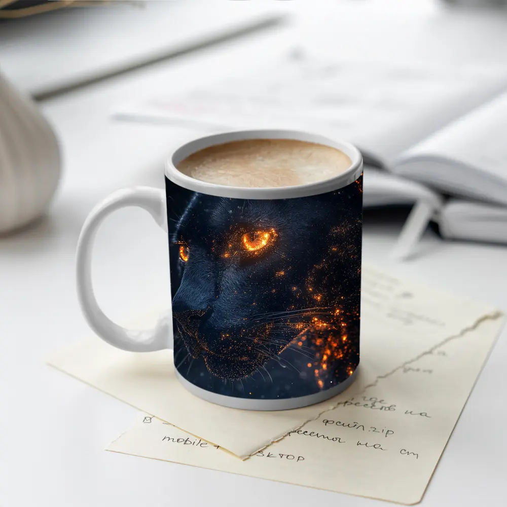 Black Panther Glowing Eyes Dark Starry Background – Mugs