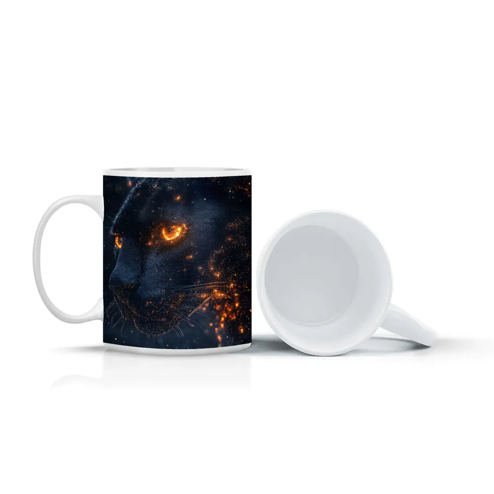 Black Panther Glowing Eyes Dark Starry Background – Mugs