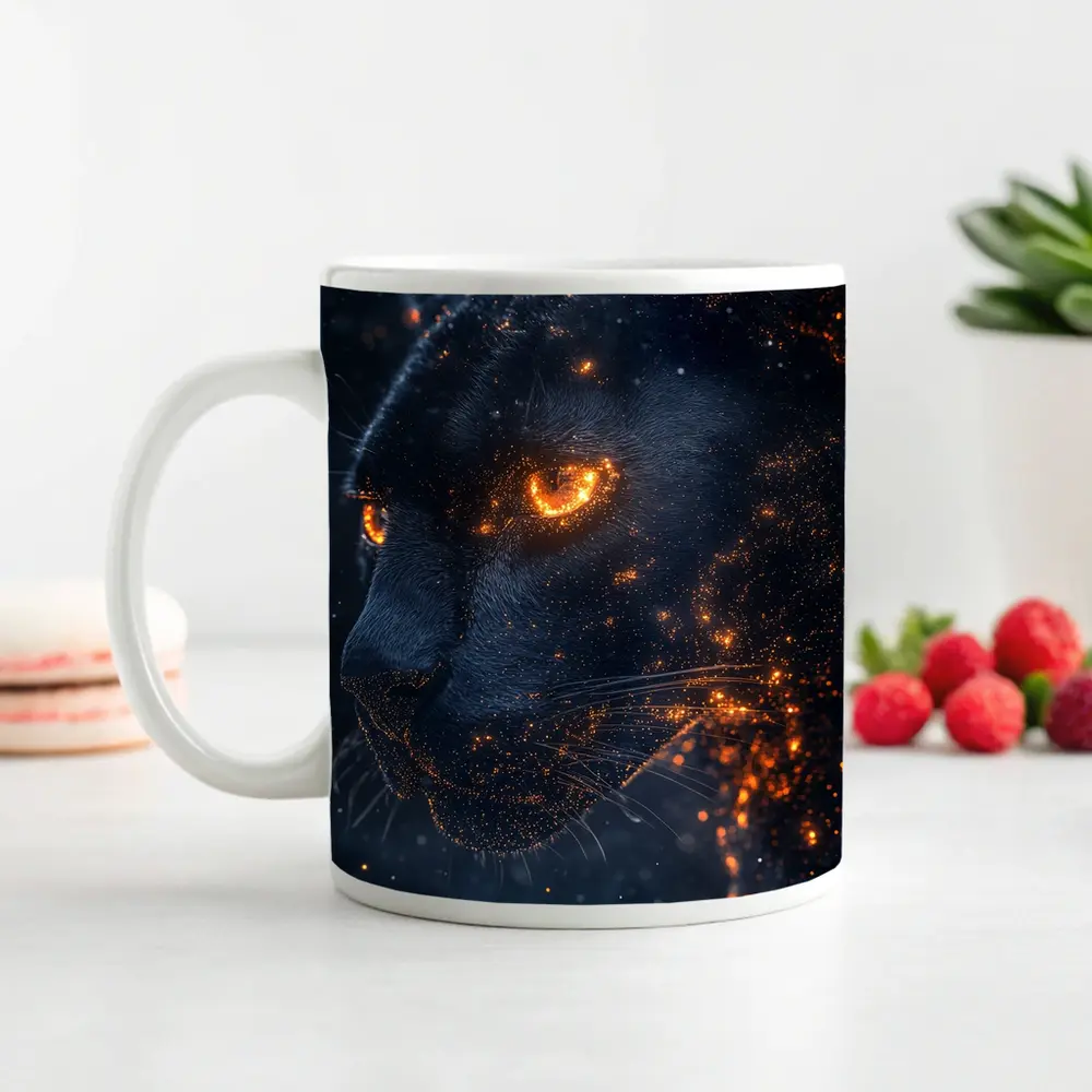 Black Panther Glowing Eyes Dark Starry Background – Mugs