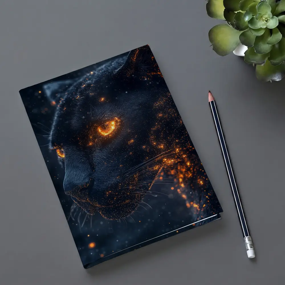Black Panther Glowing Eyes Dark Starry Background – Notebooks