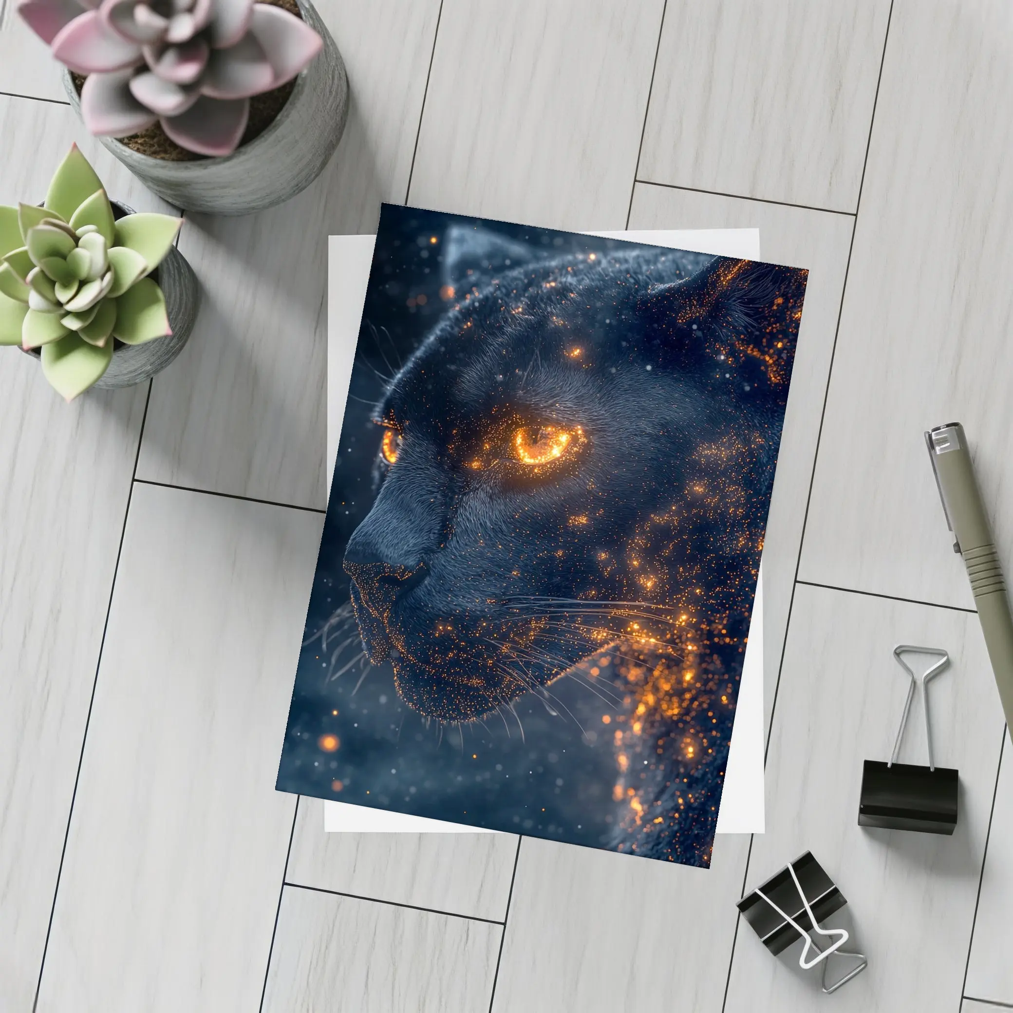 Black Panther Glowing Eyes Dark Starry Background – Postcards