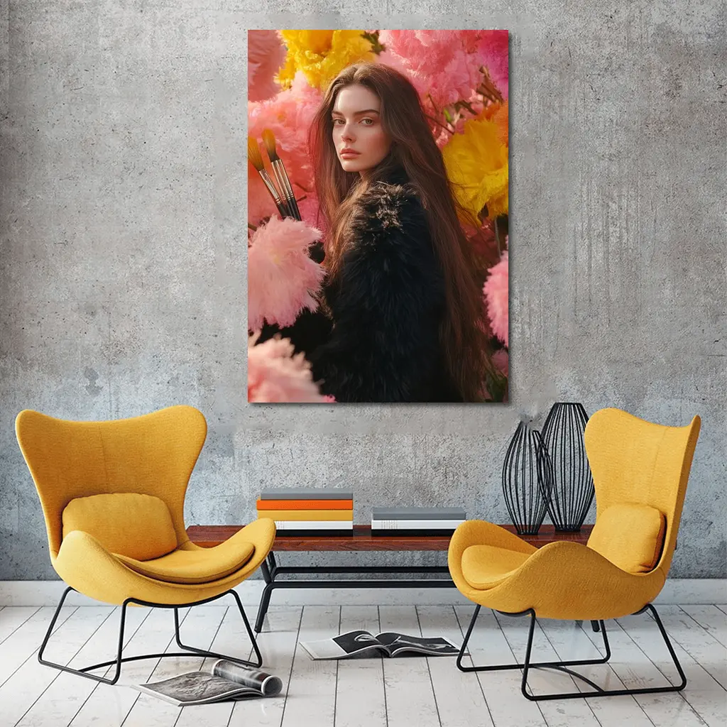 Woman With Paintbrushes Among Pink Flowers – Wall Art