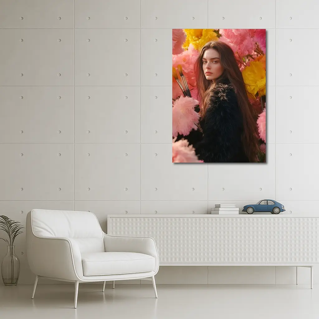 Woman With Paintbrushes Among Pink Flowers – Wall Art