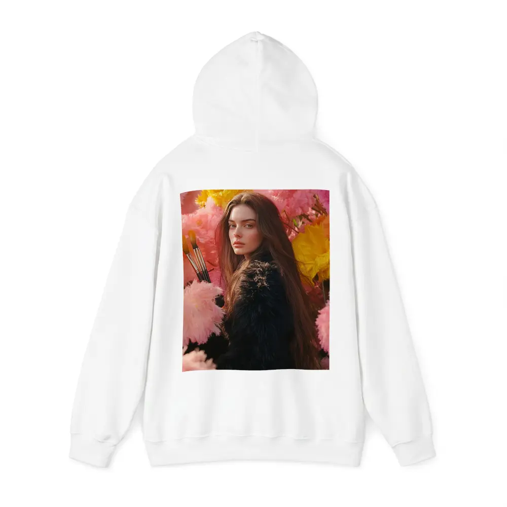 Woman With Paintbrushes Among Pink Flowers – Hoodies