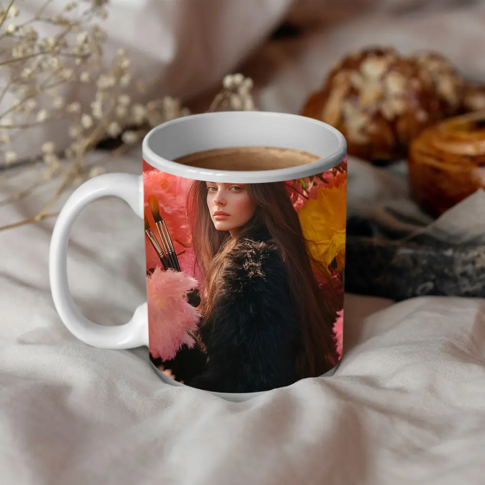 Woman With Paintbrushes Among Pink Flowers – Mugs