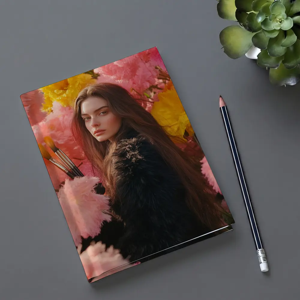 Woman With Paintbrushes Among Pink Flowers – Notebooks
