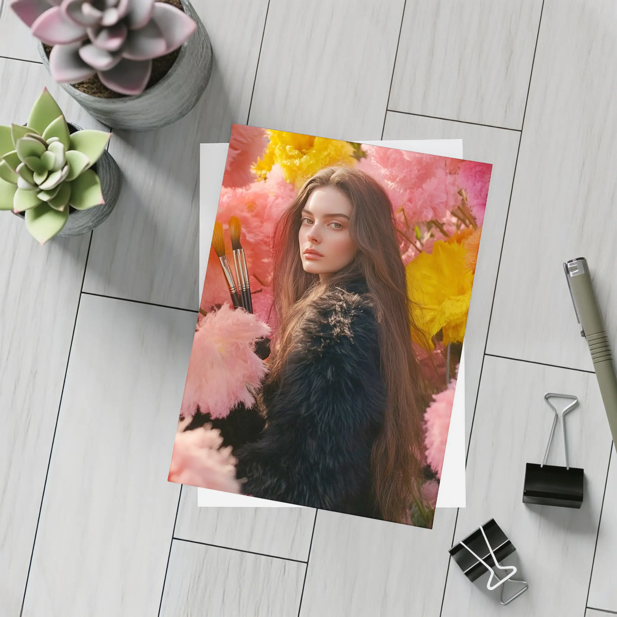 Woman With Paintbrushes Among Pink Flowers – Postcards
