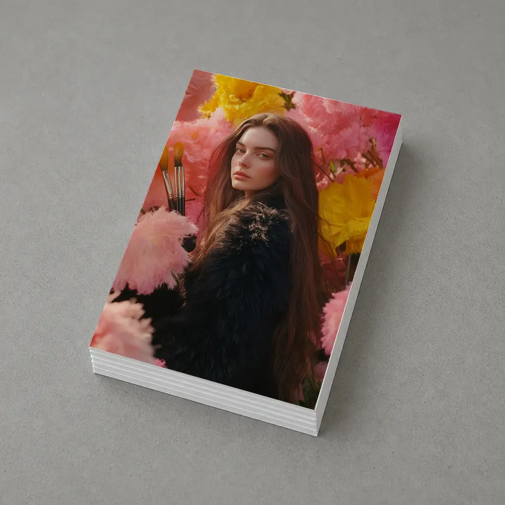 Woman With Paintbrushes Among Pink Flowers – Postcards