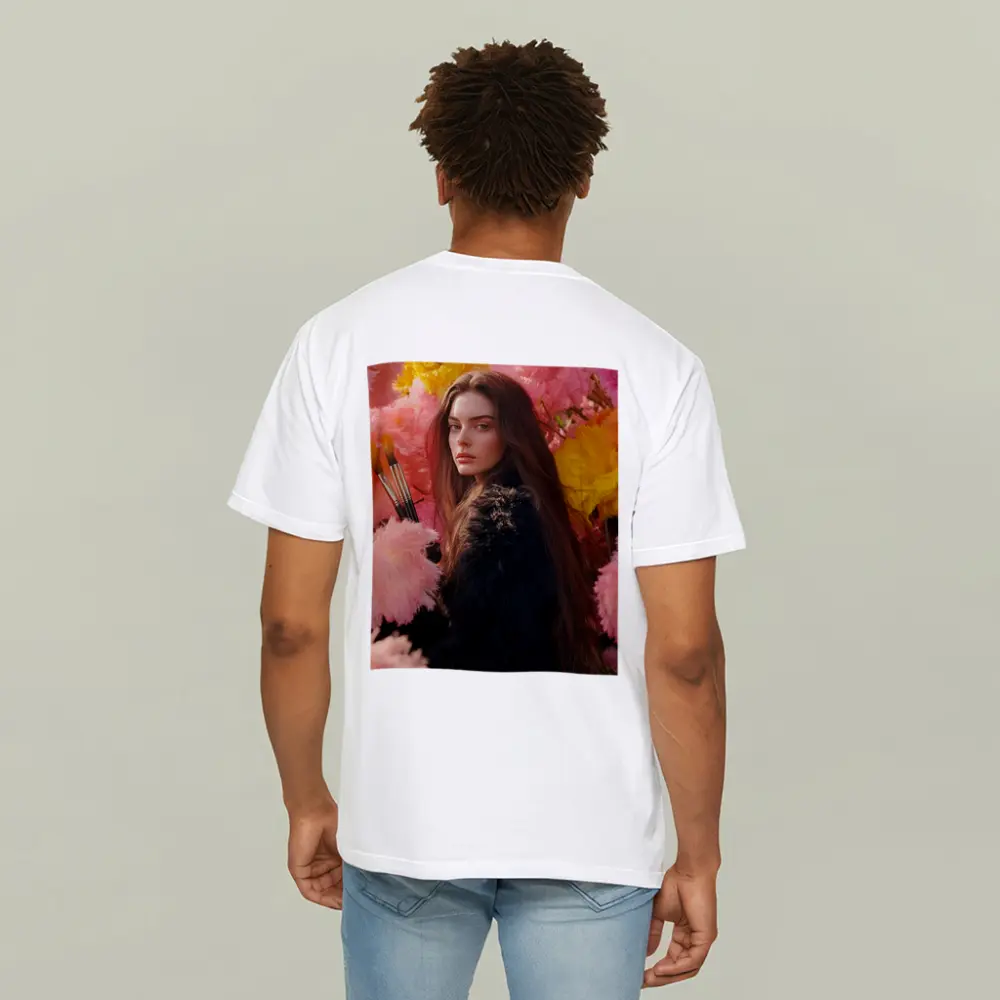 Woman With Paintbrushes Among Pink Flowers – T-Shirts
