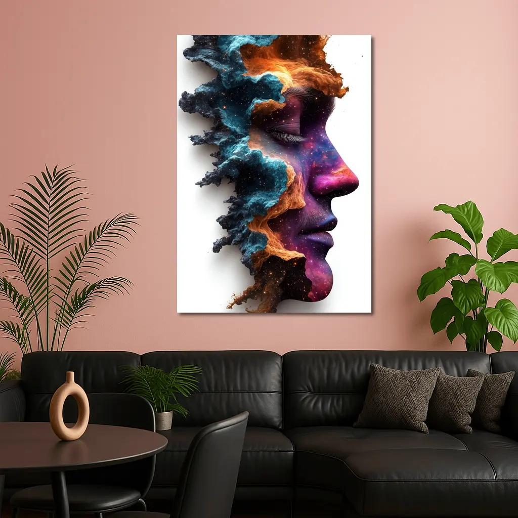 Cosmic Galaxy Woman Face Double Exposure Art – Wall Art