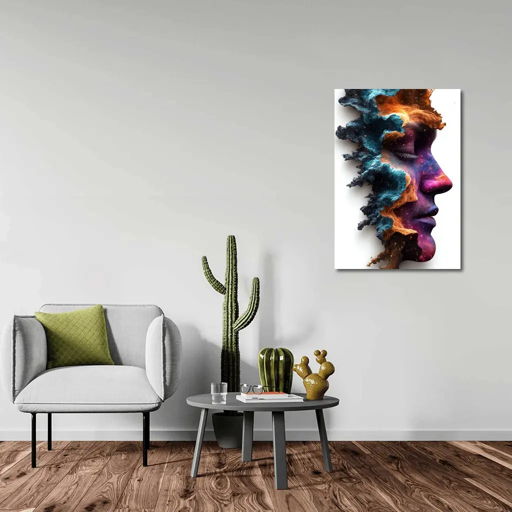 Cosmic Galaxy Woman Face Double Exposure Art – Wall Art