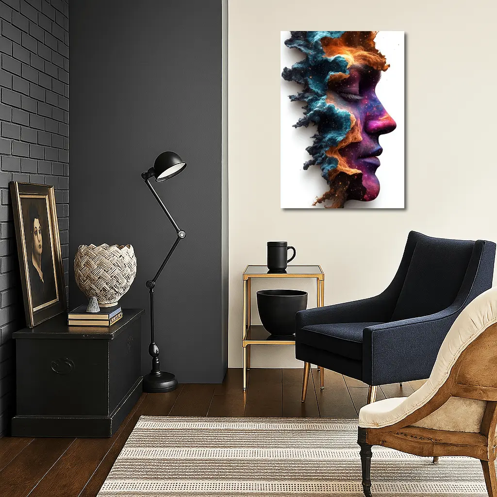Cosmic Galaxy Woman Face Double Exposure Art – Wall Art